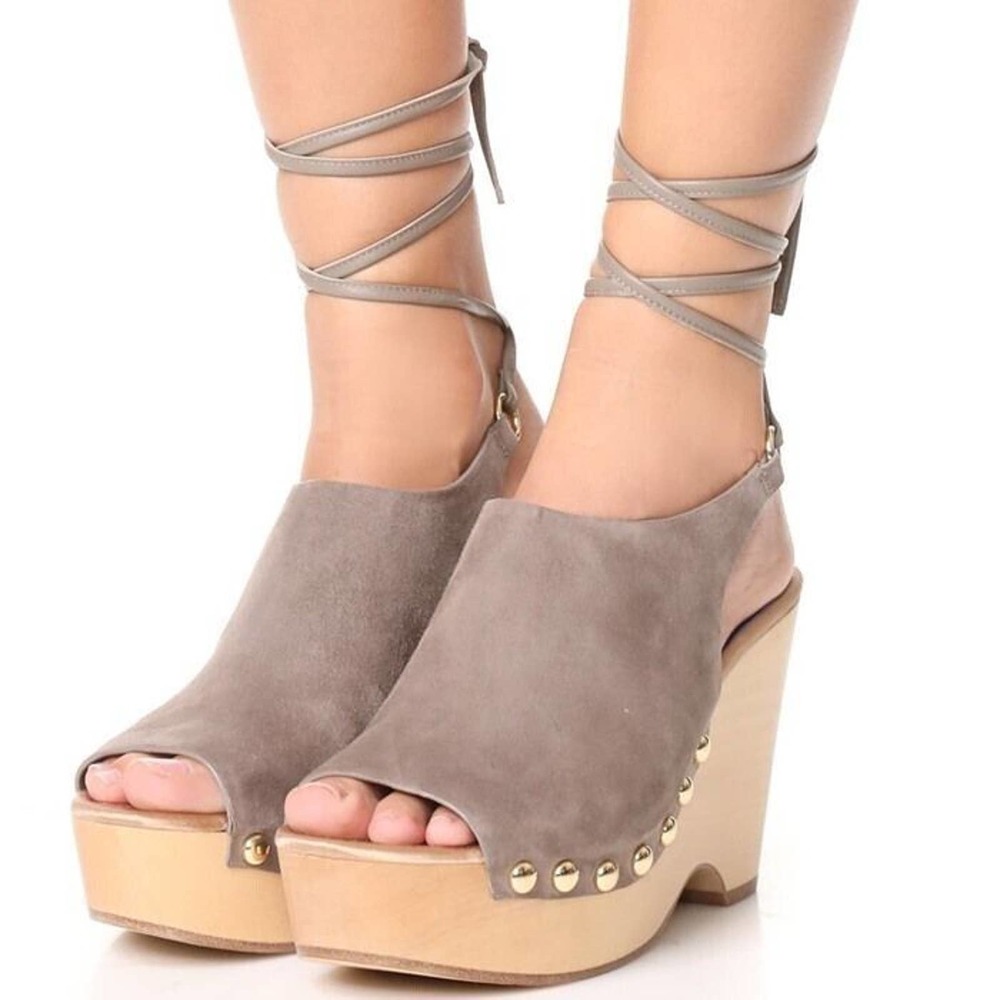Diane Von Furstenberg Size 9 Bali Ankle Tie Wrap Wedge Sandals Studded Open Toe